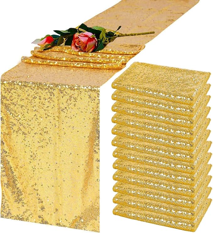 12 Pack Gold Sequin Table Runner 12x108 Inch, High Density Sparkly Glitter Table Runners Bulk for Wedding Reception, Party Decorations, Banquet Events, Shimmering Gold Decor