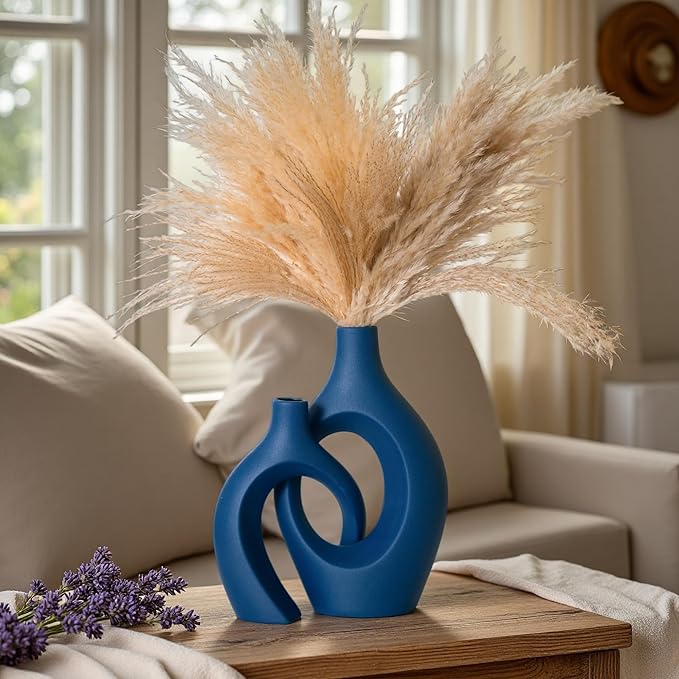 Lvases Snuggle Hollow Ceramic Vase Set of 2, 11 Inch Navy Blue | Nordic Boho Decor Home Flower Vases, Perfect for Living Room Coffee Table, Bookshelf Mantle & Entryway Pampas Grass Display