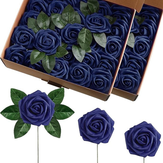 50 Pcs Artificial Foam Rose Flower Faux Bouquet Wedding Fake Rose Gift for Mother's Day Women DIY Bridal Shower Party Table Birthday Home Spring Decor (Navy Blue)