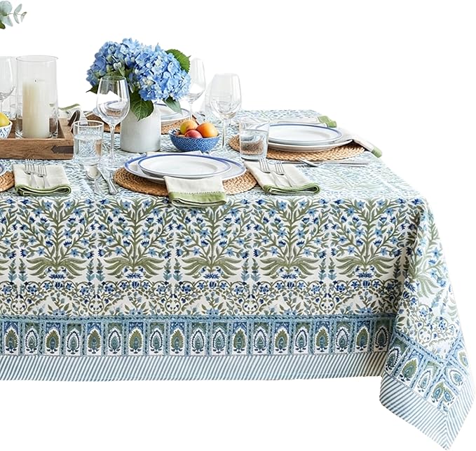 ATOSII Nargis Blue 100% Cotton Rectangle Summer Tablecloth, Indian Block Print Floral Table Cloth I Dining Parties Weddings Outdoors Holidays 60 X 60 Inches 4 Seater I Grandmillennial Farmhouse Boho