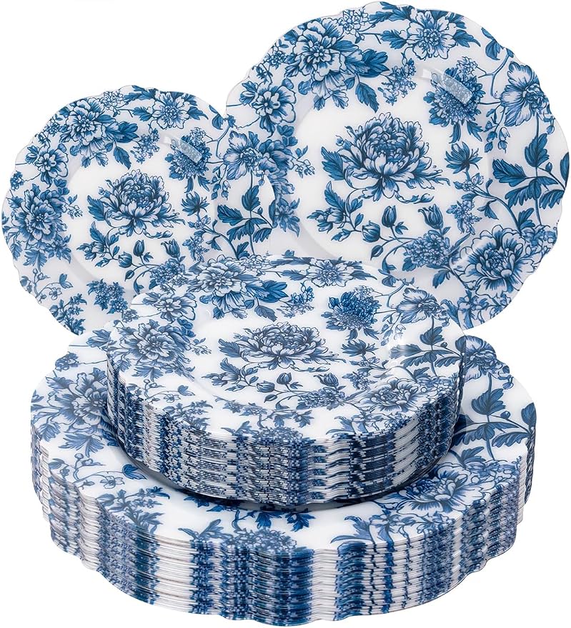 WDF 20PCS Blue Plastic Plates - Baroque White and Blue Plates - Chinoiserie Floral Party Decorations for Birthday/Tea Party/Spring