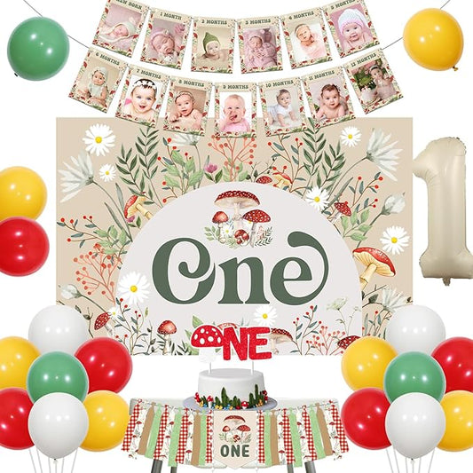 Mushroom 1st Birthday Decorations Mushroom Backdrop Banner Cake Topers Newborn To 12 Months Photo Banner One Highchair Banner Enchanted Forest Fairy Mushroom First Birthday Party Suppplies