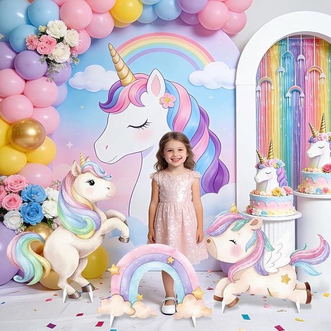 3Pcs Unicorn Birthday Decorations, Large Rainbow Unicorn Cardboard Cutout Standup, Girls Baby Shower Party Signs for Photo Booth Props Backdrops Indoor Outdoor Cartoon Party Supplies