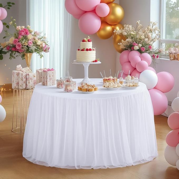 White Round Tablecloth 60 inch Stretchy Elastic Fitted Round Table Cloth Round Cover 120 inch, White Round Tulle Table Cloth with Skirt Wedding Birthday Party Cake Banquet Table Decoration