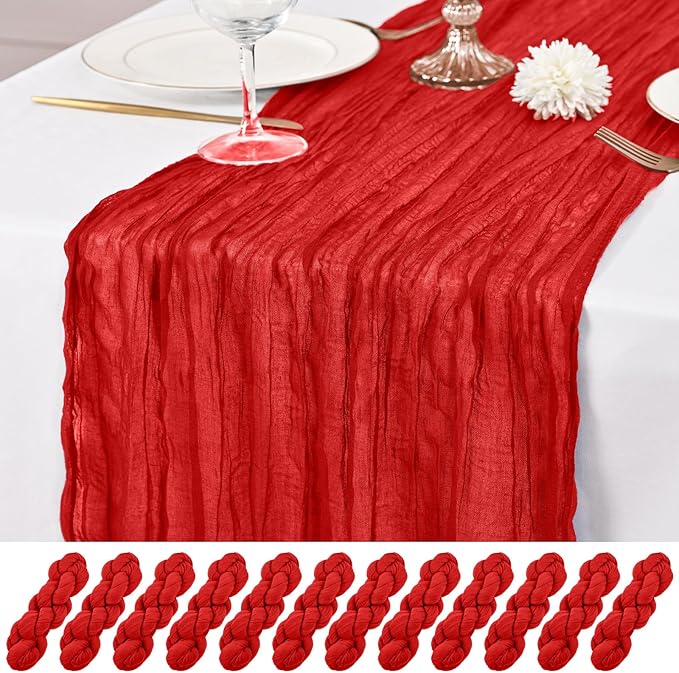12 Pack Red Table Runner 10Ft Cheesecloth Table Runner Rustic Gauze Table Runners Romantic Long Sheer Fabric Cheese Cloth Table Runners for Wedding Party Bridal Baby Shower