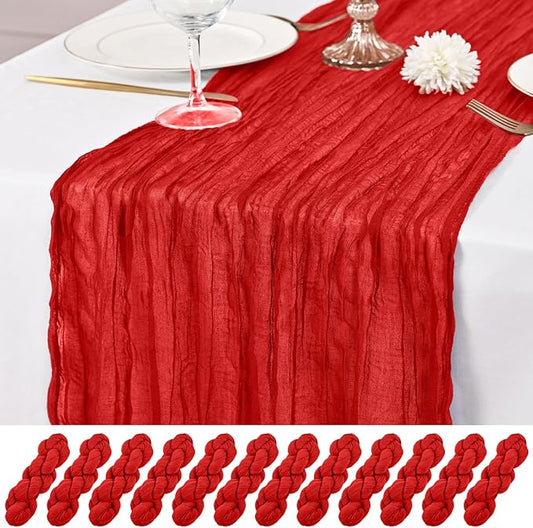 12 Pack Red Table Runner 10Ft Cheesecloth Table Runner Rustic Gauze Table Runners Romantic Long Sheer Fabric Cheese Cloth Table Runners for Wedding Party Bridal Baby Shower