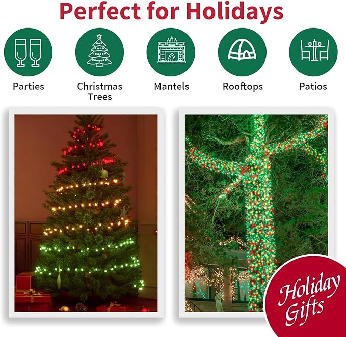165 FT 500LED Red Green Warm String Lights Indoor Outdoor, Connectable Christmas Tree Lights Waterproof 16 Modes with Timer, Fairy Twinkle Light Plug in for Bedroom Wedding Party Xmas Decorations