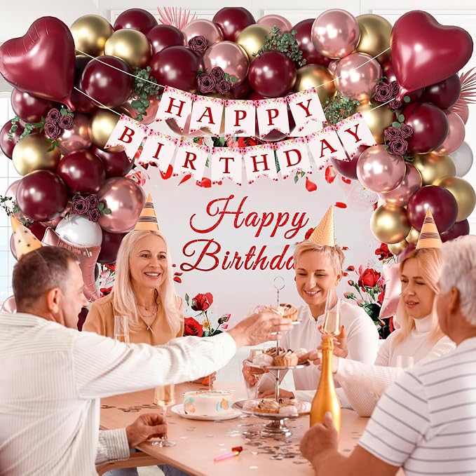 Burgundy Birthday Decorations, Burgundy Rose Gold White Balloons Happy Birthday Banner Tablecloth Backdrop for Happy Birthday Decorations for Women Adults