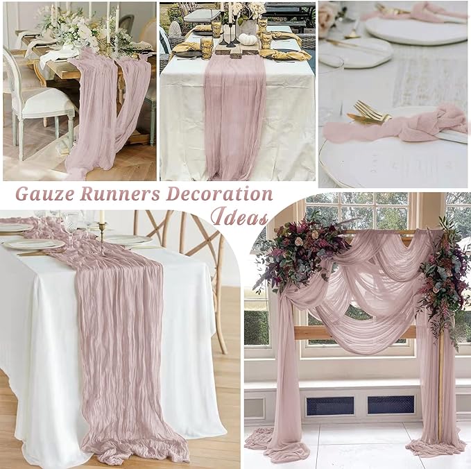 10 Pcs Dusty Pink Cheesecloth Table Runner 10FT, Gauze Table Runner for Wedding Reception Sheer Bridal Shower Birthday Party Boho Table Decoration, Rustic Romantic Wedding Runner