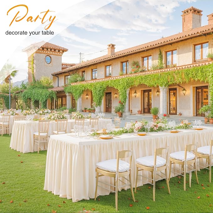 6 Packs Light Champagne Tableclothes for 8 Foot Rectangle Tables, Wrinkle Free Fitted Table Cloth 8ft Stretch Table Cover with Skirt for Parties Weddings Birthday Banquet Baby Shower