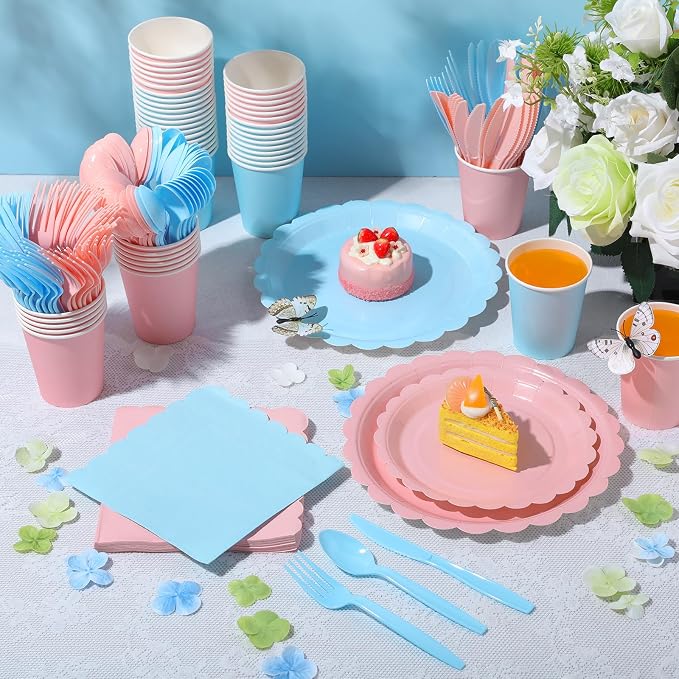 Ziliny 350 Pcs Pink Blue Plates and Napkins, 50 Guest Spring Party Supplies Include Scalloped Paper Plates Napkins Cups Plastic Spoons Forks Knives Disposable Tableware Set for Baby Shower