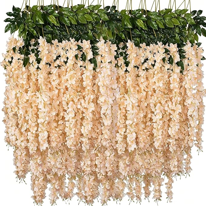 Artificial Wisteria Hanging Flowers Fake Wisteria Flower Garland Silk Vines Rattan Decor for Home Wedding Arch Wall Garden Greenery Bedroom Outdoor Office Party Decoration (24, Champagne)