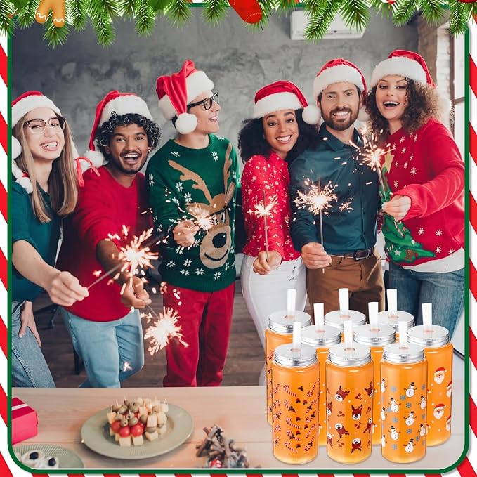 Skylety 30 Pcs Christmas Plastic Cups with Lids and Straws 13.5 oz Tree Gingerbread Snowman Santa Claus Elk Candy Reusable Plastic Tumbler Christmas Party Decor for Xmas Women Birthday Party Supplies