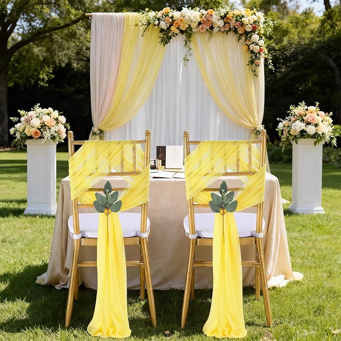 QueenDream Yellow Chair Sashes Wedding: 16 Pieces Long Sheer Wedding Aisle Chair Decorations Tulle Chairs Covers with Artificial Eucalyptus