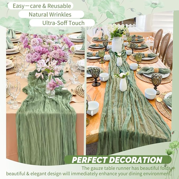 30 Pack Sage Green Cheesecloth Table Runner 17 x 108 inch Boho Gauze Table Runner Rustic Sheer Cheese Cloth Table Decorations for Wedding Party Baby Bridal Shower Birthday Holiday Home