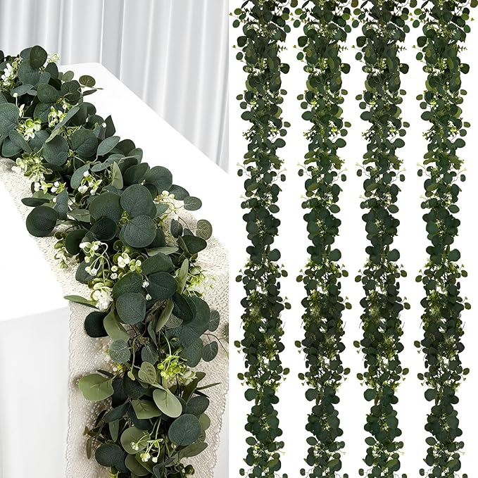 YIJXPOIN 4Pcs Eucalyptus Garland, 6FT Green Flower Garland Decor, Artificial Faux Eucalyptus Leaves Greenery Vines for Table Runner Wedding Bedroom Mantle Centerpieces Backdrop Decorations