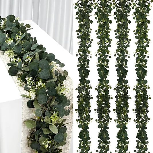 YIJXPOIN 4Pcs Eucalyptus Garland, 6FT Green Flower Garland Decor, Artificial Faux Eucalyptus Leaves Greenery Vines for Table Runner Wedding Bedroom Mantle Centerpieces Backdrop Decorations