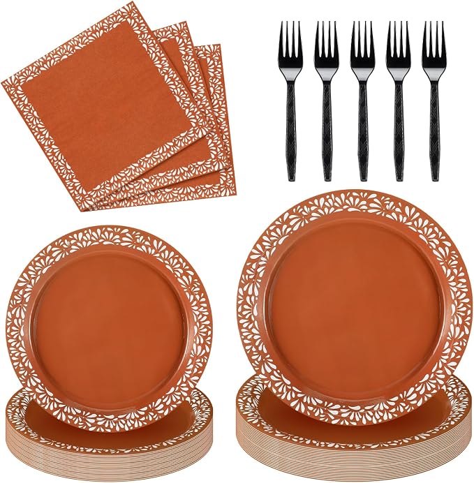 Meanplan 250 Pcs Platos De Barro Mexicanos Fiesta Paper Plates Napkins Forks Tableware Set for 50 Guests Cielito Lindo Party Decoration Mexican Terracotta Clay Pottery Themed for Birthday Wedding