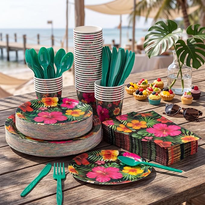 Ziliny 350 Pcs Tropical Hawaiian Party Disposable Tableware Set, Luau Hibiscus Palm Leaf Floral Paper Plates Cups Napkins Dinnerware for Summer Beach Aloha Pool Tiki Birthday Party Supplies Serves 50
