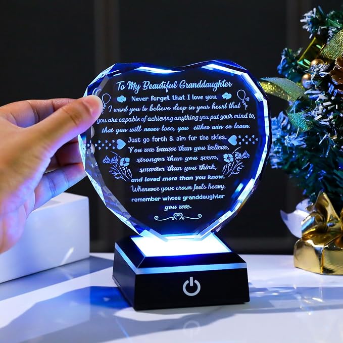 Arikyrist Birthday Gifts for Granddaughter Crystal Heart Plaque with LED Base Granddaughter Gifts from Grandma Graduation Wedding Christmas Presents for My Granddaughters