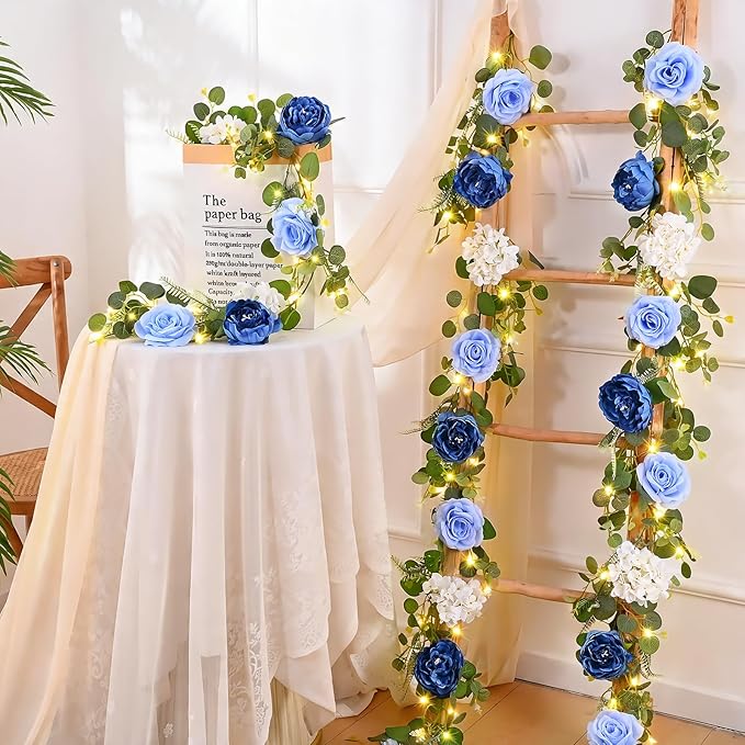 Livole 6 FT Artificial Flower Garland with Light Real Touch Fake Blue Floral Rose Peony Garland with Eucalyptus Flower Hanging Vine for Wedding Table Centerpieces Backdrop Party Arch Home Decor