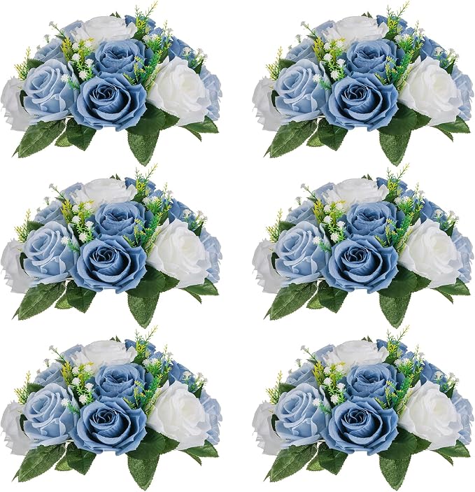 NUPTIO Flower Balls Wedding Table Centerpieces, Dusty Blue & White Roses | 6 Pcs Artificial Silk Floral Bouquet Arrangement, for Bridal Shower, Birthday Party, Quinceanera, Event Decorations