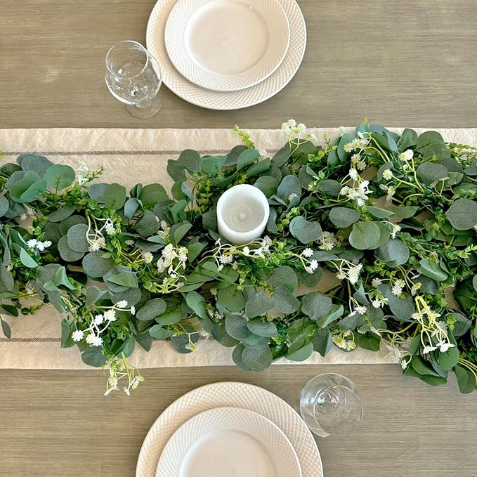 CQURE 4Pcs Eucalyptus Garland,Artificial Eucalyptus Leaves Table Greenery Garland Wreath Vines for Wedding Party Table Fireplace Bedroom Wall Room Decor