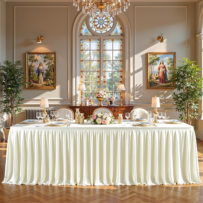 Ivory Satin Tablecloths Rectangle 8FT, Glitter Fitted Stretch Table Covers Wrinkle-Free Floor Length Shimmer Table Skirt for Weddings Parties Baby Shower Banquets Vendor Events