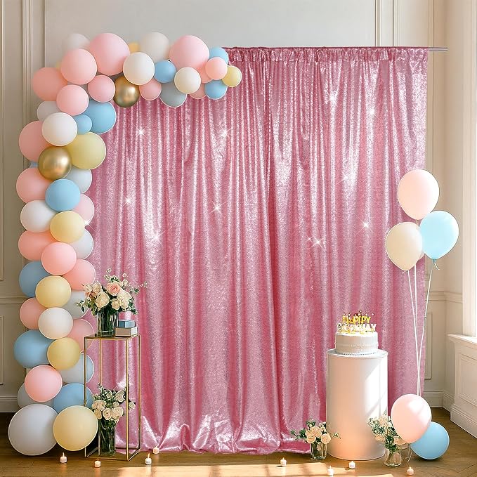 SquarePie 8x8ft Fuchsia Pink Sequin Backdrop for Photography, Satin-Backed Real Sequin Curtain, Enhanced Coverage Shimmering Background with 4" Rod Pocket for Wedding, Birthday, Party Decor, 1 Panel