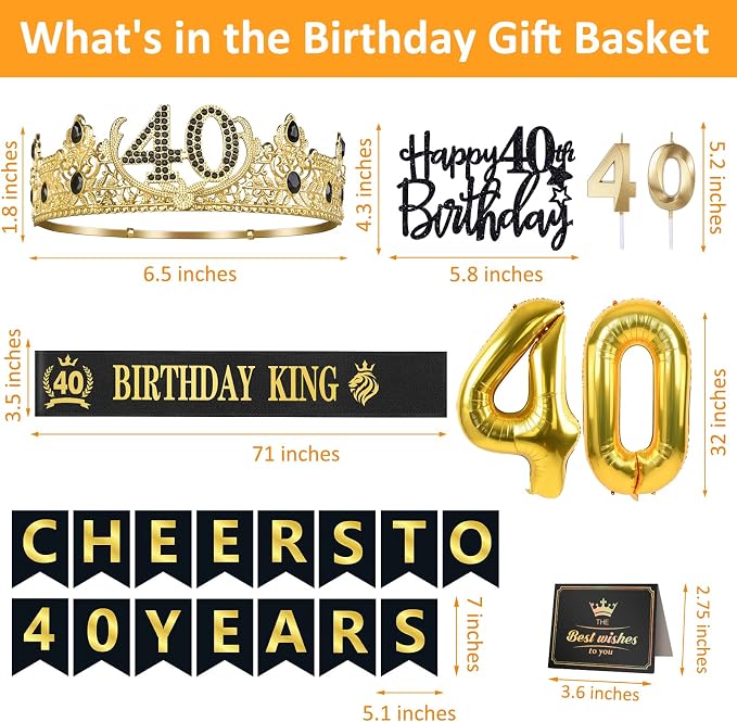 40th Birthday Gifts for Men, 40th Birthday Decorations for Men, Party Decor Supplies including King Crown & Sash & Banner & Balloons & Cake Topper & Candles