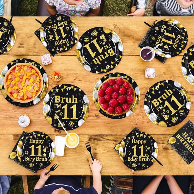 96 Pcs Bruh 11th Birthday Party Decorations Black Gold Bruh I’m 11 Plates and Napkins It's My 11th Birthday Tableware Set for Teen Boys and Girls 11 Years Old Party Supplies, Serves 24