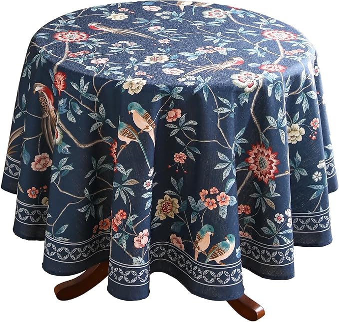 patdrea Elegant Vintage Linen Tablecloth,Round,Diameter 55"-Lanruoting | Chinoiserie Table Cloth for Round Table,Blue Oriental Bird Floral Print,Dining Tea Party Thanksgiving Coffe Table Decor