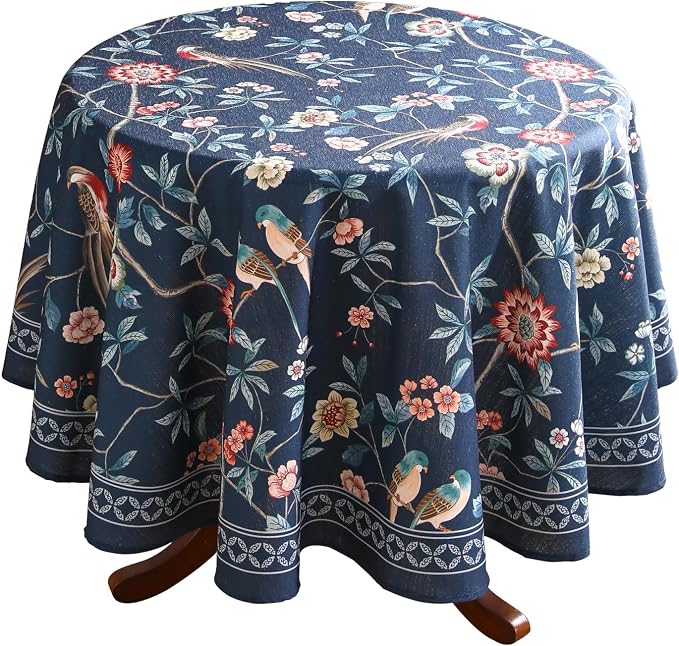 patdrea Elegant Vintage Linen Tablecloth,Round,Diameter 67"-Lanruoting | Chinoiserie Table Cloth for Round Table,Blue Oriental Bird Floral Print,Dining Tea Party Thanksgiving Coffe Table Decor