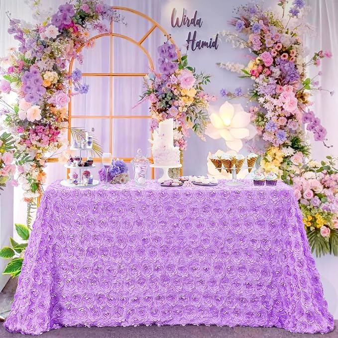 B-COOL Lavender Tablecloth 3D Floral Tablecloths Rosette Fabric 90x156 Inch Brithday Holiday Party Decorations Wedding Party Engagement Linens Cake Table Decoration