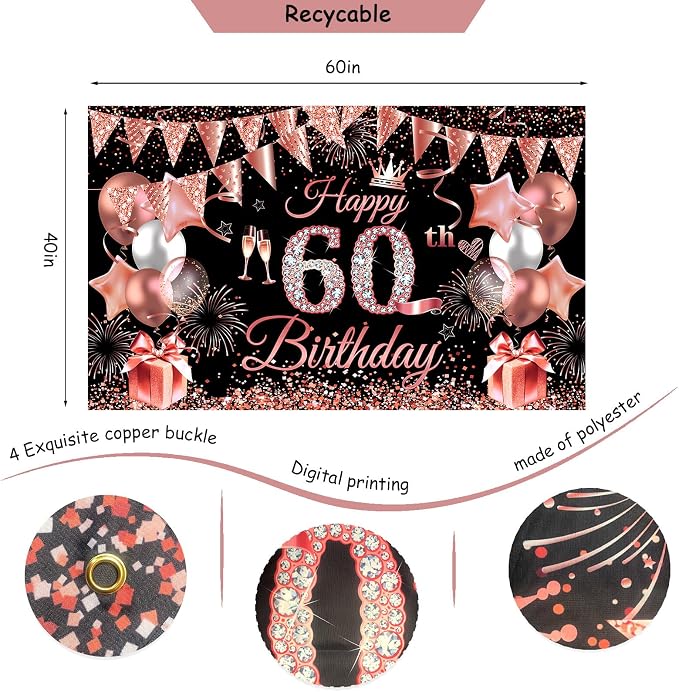 60th Birthday Decorations for Women, JKIYT Black Rose Gold Happy 60 Years Old Decor for Woman Include Sash and Crown, 30pcs Balloons Banner 40" Number Balloons, Backdrop Cake Topper & Paper Pom Poms