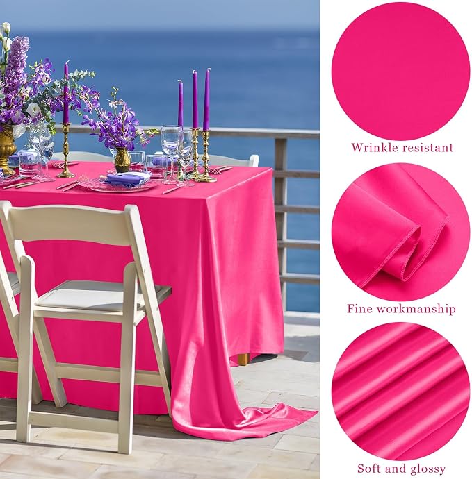 TURSTIN 4 Packs Hot Pink Satin Tablecloth 102 x 58 Inch Overlay Satin Table Cover Rectangle Bright Silk Tablecloth Smooth Fabric Table Decoration for Wedding Banquet Party Events