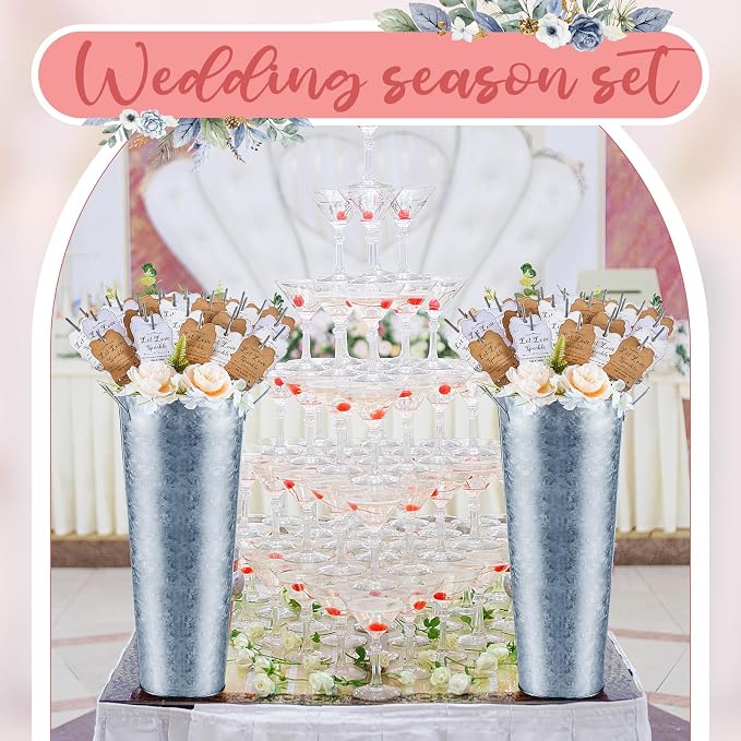 Henoyso 153 Pcs Wedding Send Off Set, 150 Lace Wedding Tags, 2 Pack 17.7 Inch Galvanized Metal Buckets, 1 Acrylic Send Off Sign with Stand for Party Decorations(Silver)