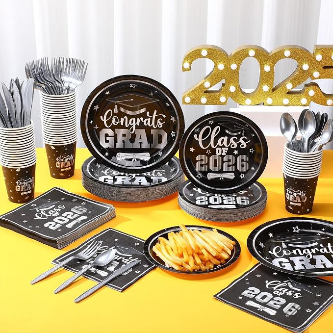 Funnymoom 400 Pcs Graduation Party Supplies Class of 2026 Graduation Paper Plate Napkin Cup Cutlery Congrats Grad Disposable Tableware Set for Grad Party Decorations, Serve 50(Black)