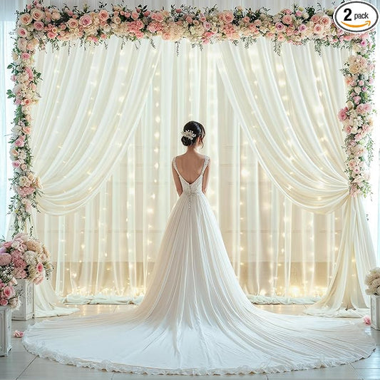 10x10ft Light Beige Tulle Backdrop Curtain with Lights String for Wedding, Wrinkle Free Sheer Curtains with Lights for Baby Shower, Tulle Light Backdrop Curtain for Birthday Party (5 x 10ft,2 Panels)