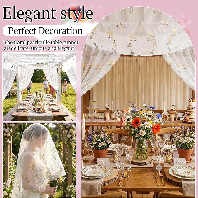 Lounsweer 6 Pcs White Wildflower Table Runner 10ft Embroidery Tulle Spring Floral Table Runner Seasonal Summer Butterfly Kitchen Dining Gauze Decoration for Wedding Baby Shower Birthday Party