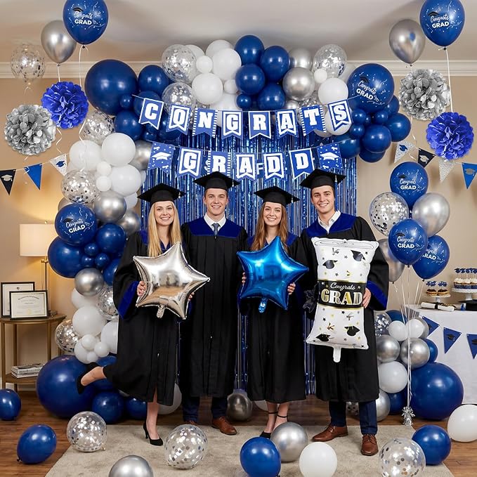 Graduation Party Decorations Pink, Congrats GRAD Banner Paper Pompoms Blue Fringe Curtain Backdrop Silver Star Foil Balloons Navy Blue Latex Balloon for Graduation Class of 2026 Decorations