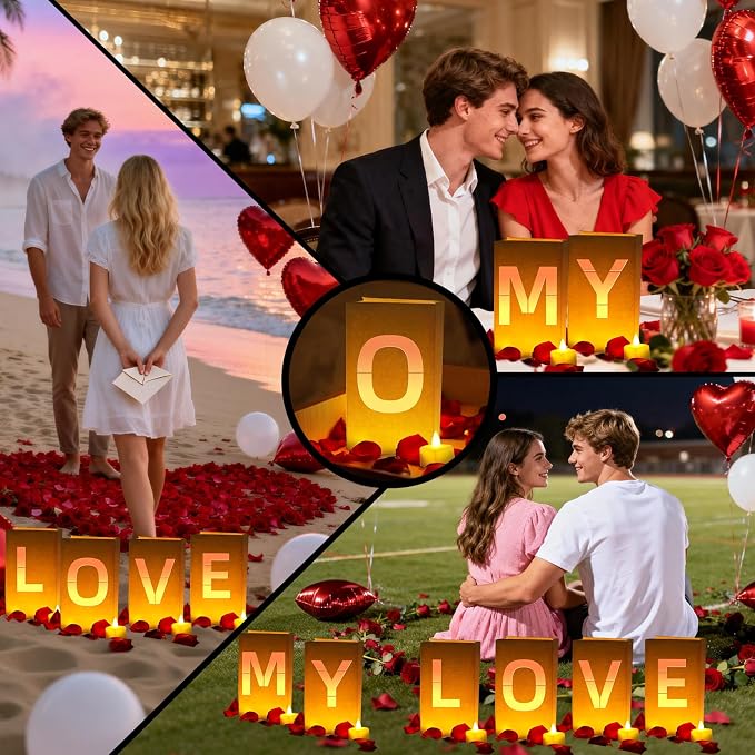 MY LOVE Light Up Letters, with Tea Lights Candles, Rose Petals, Pearlescent Foil Balloons - Luminary Paper Bags, Anniversary Decorations and Valentines' Day Decorations for Your Loved One