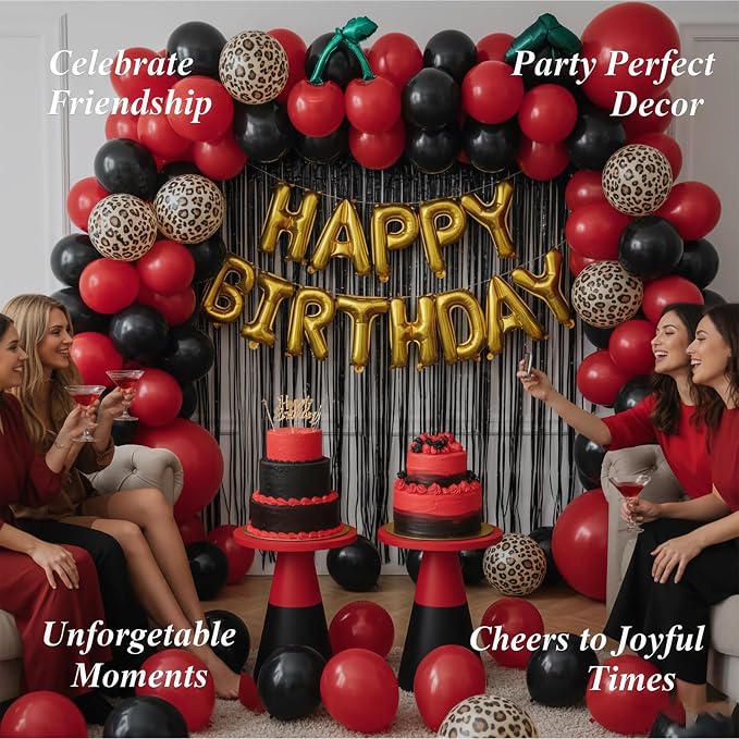 Cheetah Leopard Print Birthday Decorations Kit, Red Black Gold Cheetah and Cherry Balloon Arch Kit with Red Black Ribbon Background Decor for Party Decorations Women Graduation Birthday