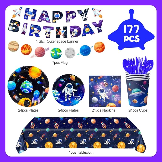 Space Party Tableware for 24 Guests, Outer Space Birthday Party Supplies, Space Party Plates Napkins Tablecloth Banner Garland etc Outer Space Tableware for Space Birthday Party Decorations