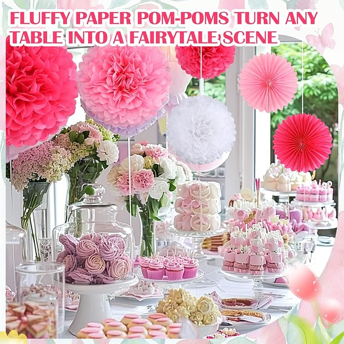 Janinka 60 Pcs Pink Party Decorations- Tissue Paper Pom Poms and Fans Ceiling Decorations Tissue Flowers for Birthday, Baby Shower, Bachelorette Bridal Wedding Supplies