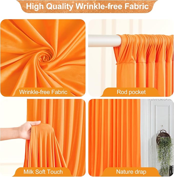 24x10FT Orange Backdrop Curtains for Wedding Parties, Wrinkle Free Polyester Photography Backdrop Drapes for Wedding Baby Shower Birthday Parties Stage Background Stand Decorations 4x10ft,6 Panels