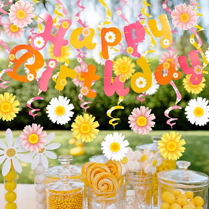 SUNBEAUTY Daisy Groovy Party Decoration Boho Happy Birthday Banner Daisy Paper Hanging Swirls Flower Birthday for Women Birthday Classroom Office Boho Hippie Retro Birthday Baby Shower Party Supplies