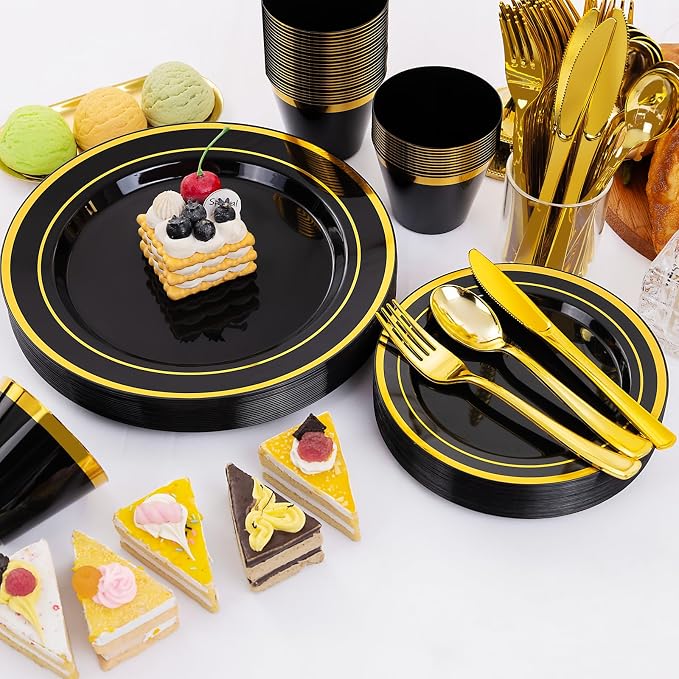 WELLIFE 300 PCS Black and Gold Dinnerware Set for 50 Guests, Disposable Plastic Plates for Party, Gold rimmed Plastic Dinner Plates,Salad Plates,Cups,Silverware Set for Halloween Party Supplies