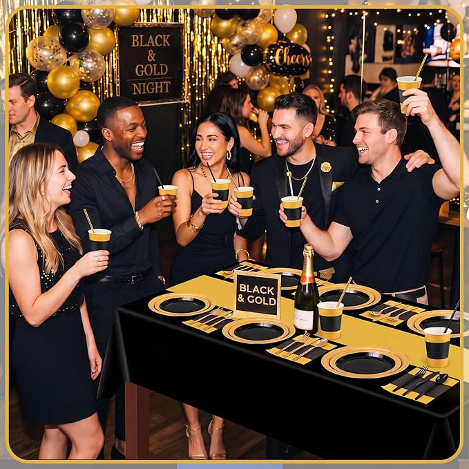 Funnymoom 452 Pcs Black and Gold Party Supplies for 50 Guest, Black Gold Paper Plates Cups Napkins Tablecloth Cutlery Straw Tableware Set for Graduation Birthday Retirement Wedding Party Decoration