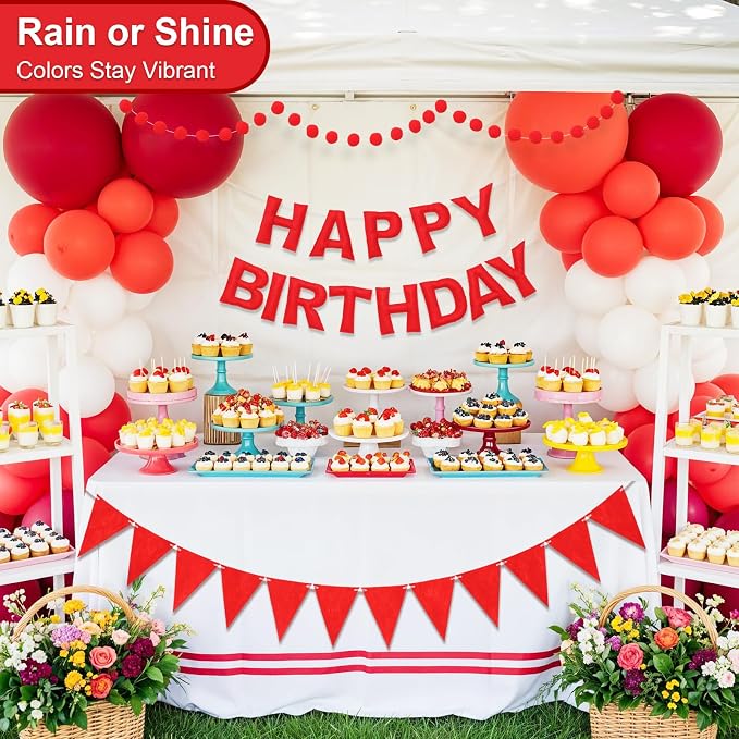 Pre-Strung Happy Birthday Banner & Felt Garland Set - Red Birthday Decorations for Women Girls | Reusable Party Supplies for Indoor & Outdoor